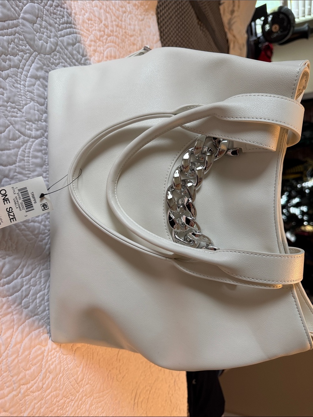 INC International Concepts White Tote with Silver Chain Accent